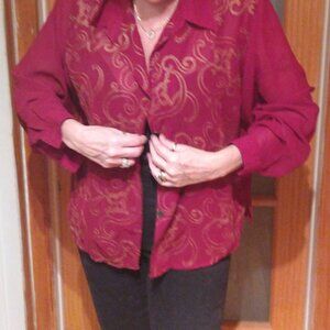 Carole Little petite deep red and gold embroder shirt